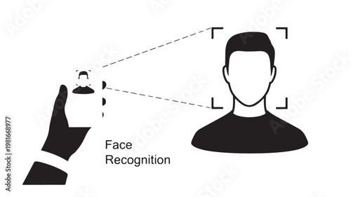 Face recognition, biometric identification, security scan, vector icon, black silhouette