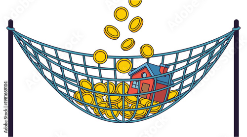 House and coins caught in a net representing real estate savings