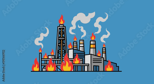 Industrial factory on fire, pollution and environmental disaster, illustration