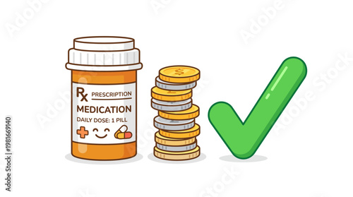 Prescription medication bottle with stack of coins and green checkmark