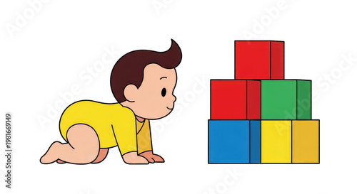 Curious baby crawling towards colorful building blocks tower, isolated on white