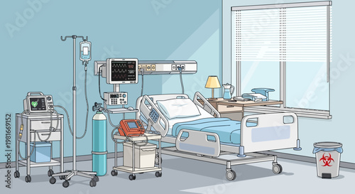 Hospital Room Interior with Medical Equipment and Patient Bed