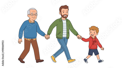 Three generations of men holding hands and walking together