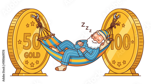 Old man sleeping in a hammock between two large gold coins