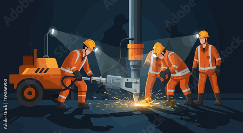 Construction workers operating heavy machinery with sparks flying at night