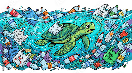 Sea turtle swimming through an ocean filled with plastic waste