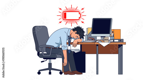 Overworked businessman asleep at desk showing burnout and exhaustion