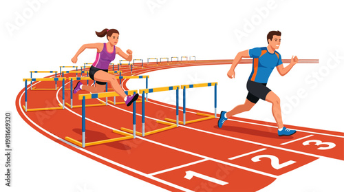 Athletes running a hurdle race competing on stadium track