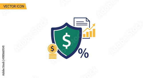 A vector icon of a green shield with a dollar sign, surrounded by financial symbols, representing secure investment and protection.