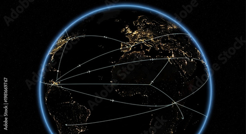 Earth at night with global connections and data streams.