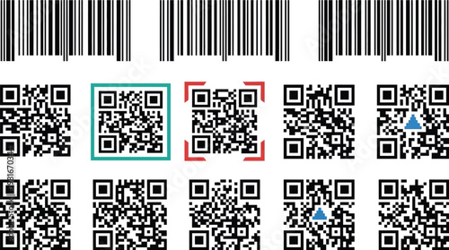Barcodes and matrix codes are arranged in a grid to demonstrate various scanning and identification formats.