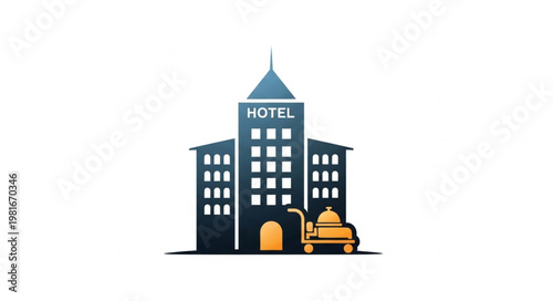 Elegant Hotel Building Illustration with Luggage Cart and Golden Accents.