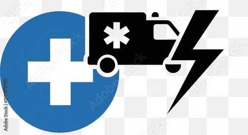 Emergency Medical Services Icon with Ambulance, Plus Sign, and Lightning Bolt.