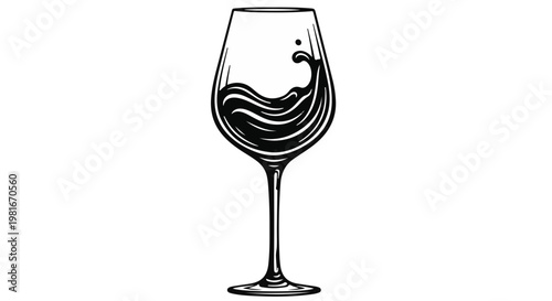Wine glass silhouette features a dynamic swirl of liquid captured in a minimalist artistic style, perfect for representing high-end dining experiences, luxury beverages, or sophisticated events.