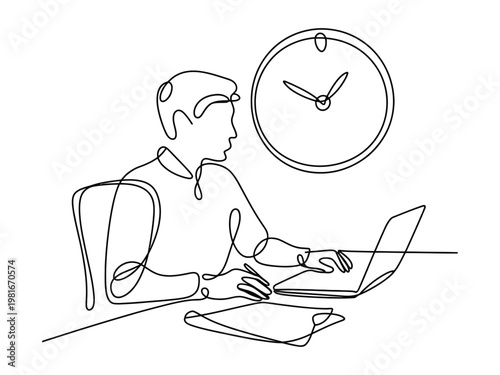 Continuous line drawing of a man sitting at a desk working on a laptop next to a clock on the wall