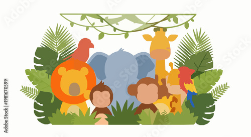 Playful jungle animals vector set with smiling cartoon wildlife and tropical forest elements kids illustration