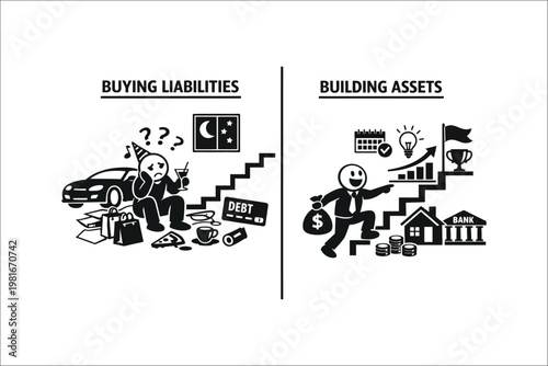 Financial Literacy Building Assets vs Buying Liabilities Concept Illustration