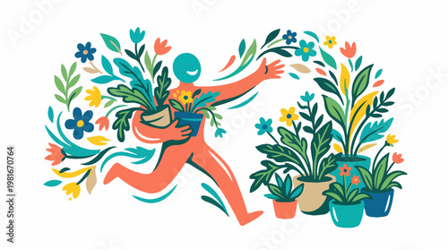 Joyful Figure Running Surrounded by Blooming Plants and Flowers