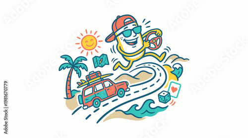 Happy Character Driving Car On Summer Road Trip Adventure