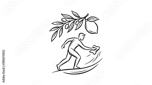 Man Picking Fruit Under Olive Branch With Lemon