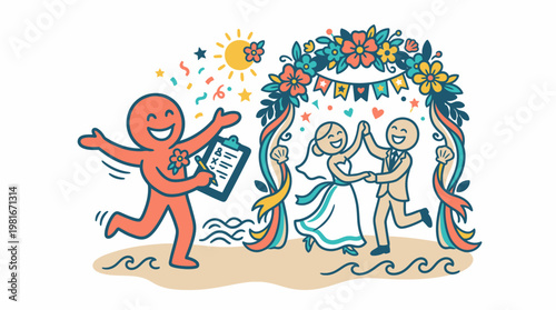 Joyful Beach Wedding Ceremony with Officiant and Dancing Couple