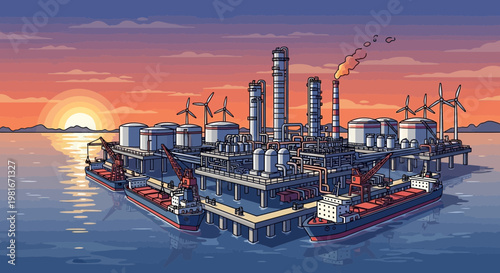 Pixel Art Offshore Oil Rig and Refinery at Sunset with Ships and Wind Turbines