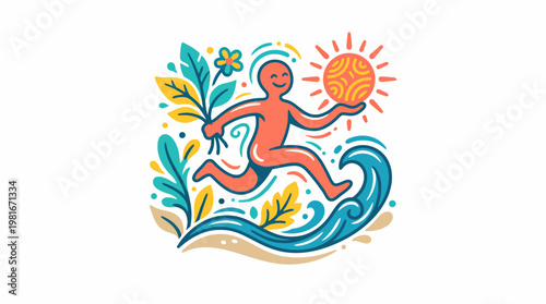 Joyful Person Running on Water with Sun and Plants