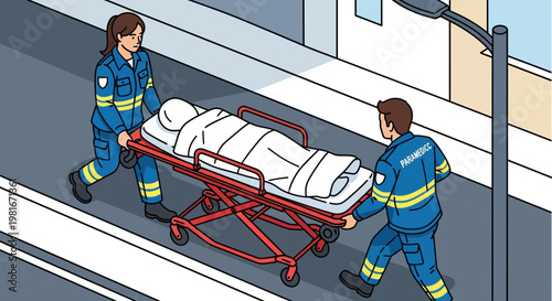 Paramedics transport patient on stretcher down street, emergency medical service illustration
