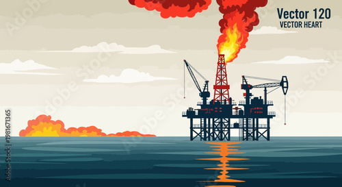Offshore oil rig platform with large flame and smoke, industrial sea landscape