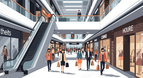 Modern Shopping Mall Interior with Escalator, Shoppers, and Storefronts - Busy Retail Environment