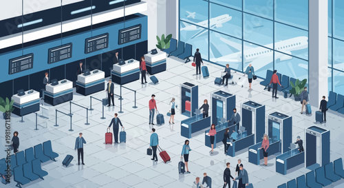 Airport Terminal Interior with Travelers, Check-in Counters, and Security Gates