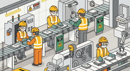 Factory workers on assembly line, conveyor belt, industrial production, teamwork, manufacturing process