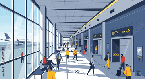 Modern Airport Terminal Hallway with Travelers and Airplanes Outside