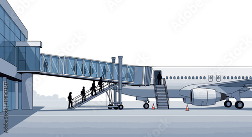 Passengers boarding airplane via glass jet bridge at airport terminal