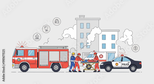 Emergency Response: Fire Truck, Ambulance, Police Car, and Medical Team Saving Life