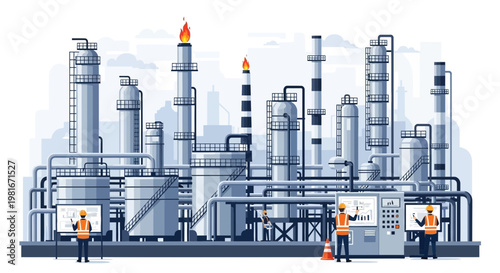 Modern Oil Refinery Plant with Workers Monitoring Operations on Screens
