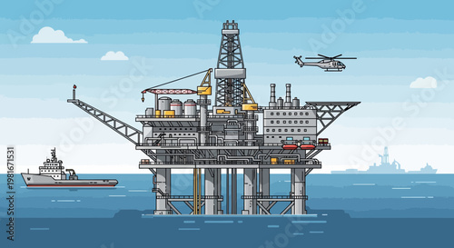 Offshore Oil Rig Platform with Helicopter and Ship in the Ocean