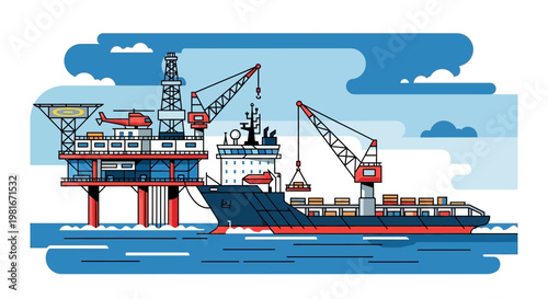 Offshore Oil Rig Platform and Cargo Ship Loading Containers at Sea
