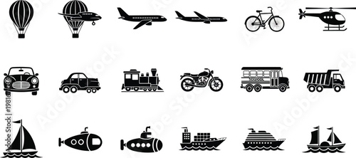 Collection of black transportation on white background hot air balloon airplane helicopter bicycle