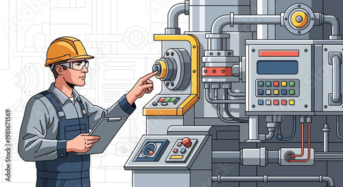 Engineer with Hard Hat Inspecting Industrial Machinery Control Panel