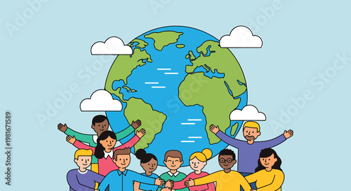 Diverse group of people standing united in front of a large globe with clouds, symbolizing global community, diversity, and environmental care.