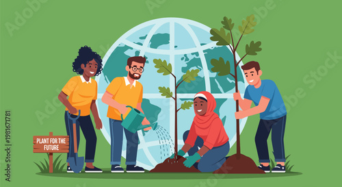 Diverse group of people planting trees together for environmental conservation in front of a large globe, promoting a sustainable future.