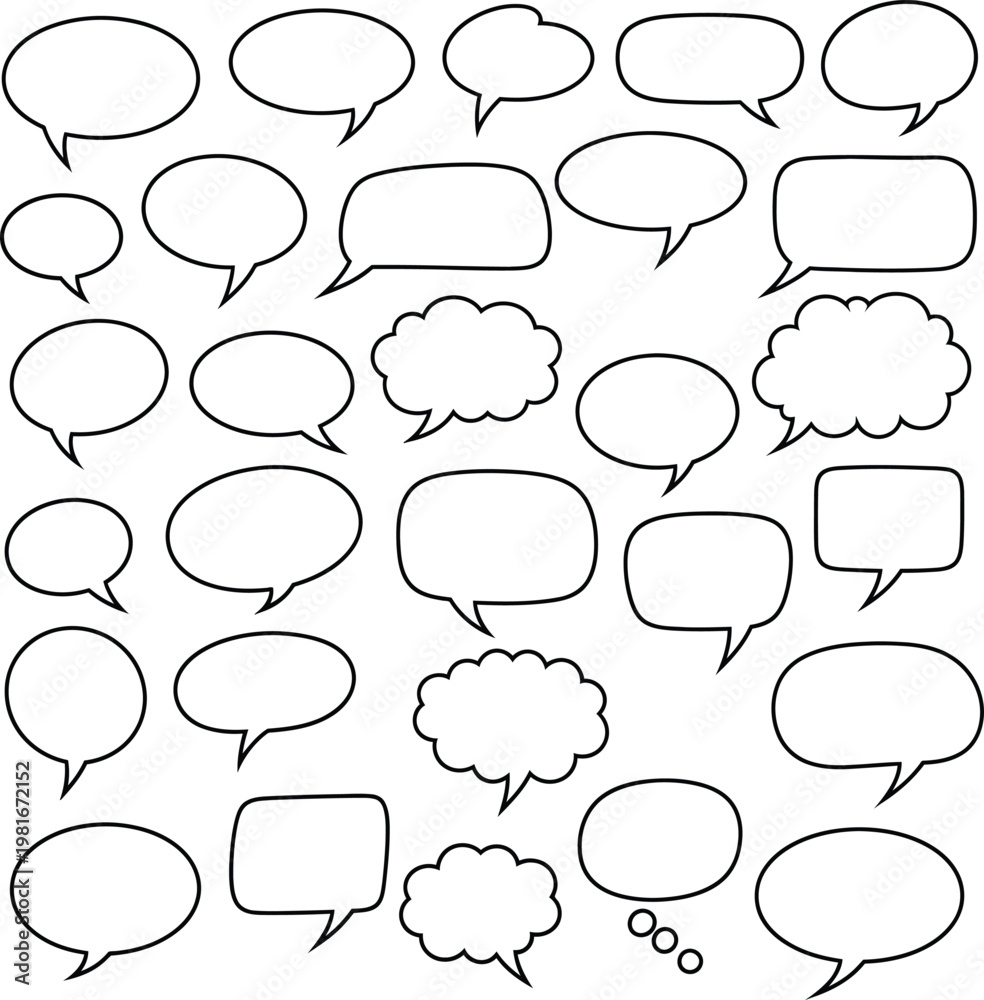 Fototapeta premium Hand Drawn Speech Bubble Doodle Set, Comic Dialog Balloons and Thought Clouds, Cartoon Conversation Elements Vector Illustration