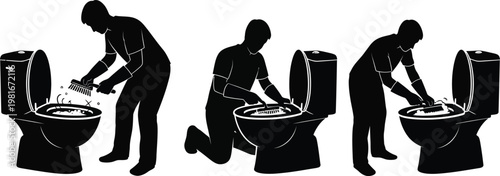 Silhouettes of people cleaning toilets with brushes and cleaning supplies toilet cleaning hygiene sanitation
