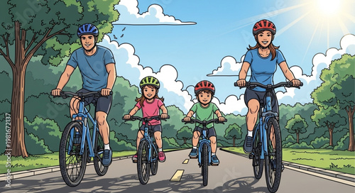 Family Cycling Adventure - A Joyful Ride Together on a Sunny Day.