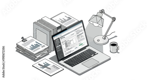 A black and white illustration of a laptop on a desk surrounded by office supplies and paperwork.