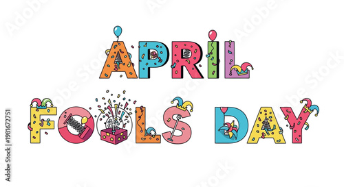 A colorful illustration of April Fools' Day with cartoon characters and balloons