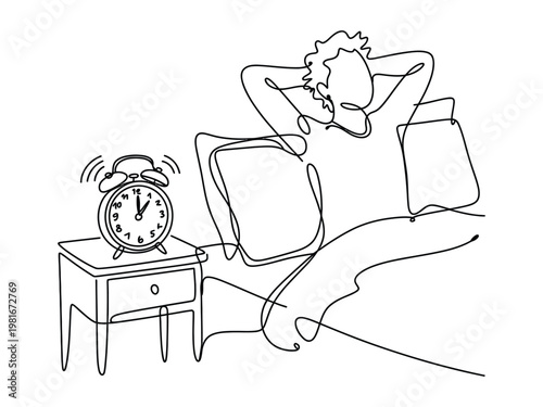 Man waking up to alarm clock ringing on bedside table in morning light  daily routine  sleepy face