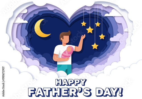 Happy Father's Day Greeting Card in Paper Cut Style with Father Holding Newborn Baby in a Heart Frame Under a Starry Night Sky
