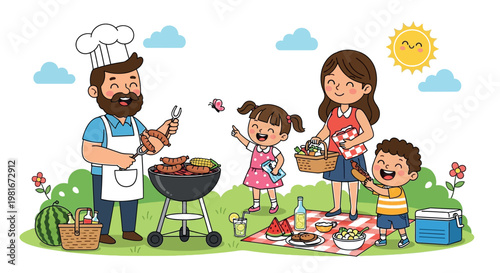 A happy family enjoys a sunny day picnic with a barbecue and watermelon.